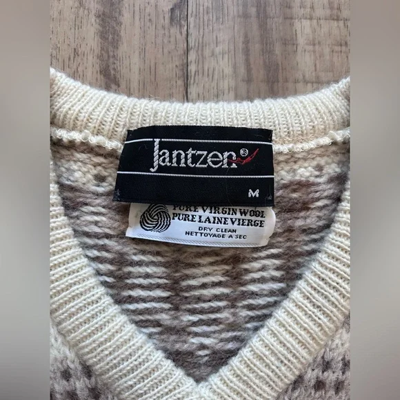 Jantzen pure new wool V-Neck Sweater Cream and Brown fair isle nordic winter - Picture 3 of 8